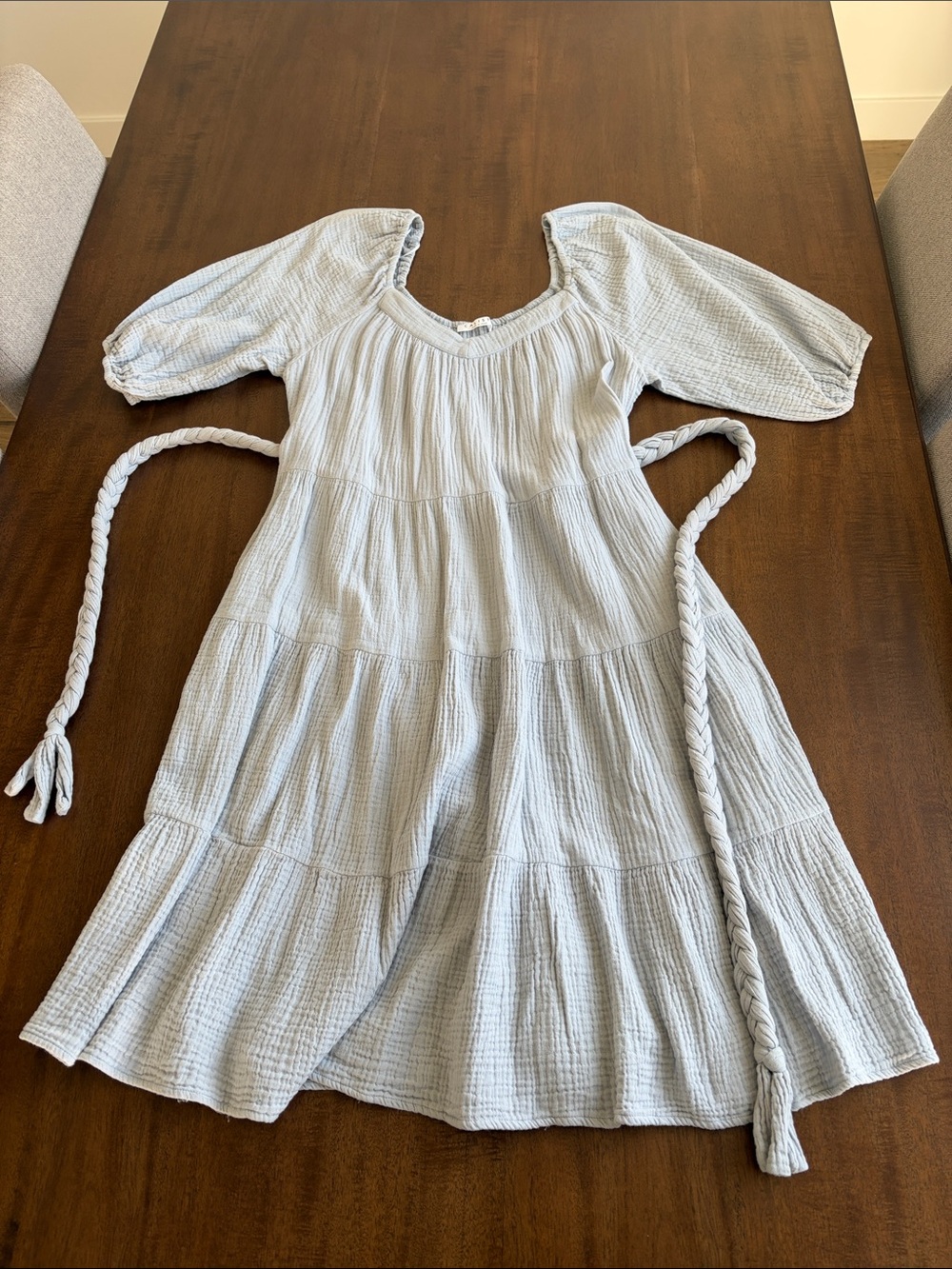 Light Blue Women’s Tiered Mini Dress with Braided Belt